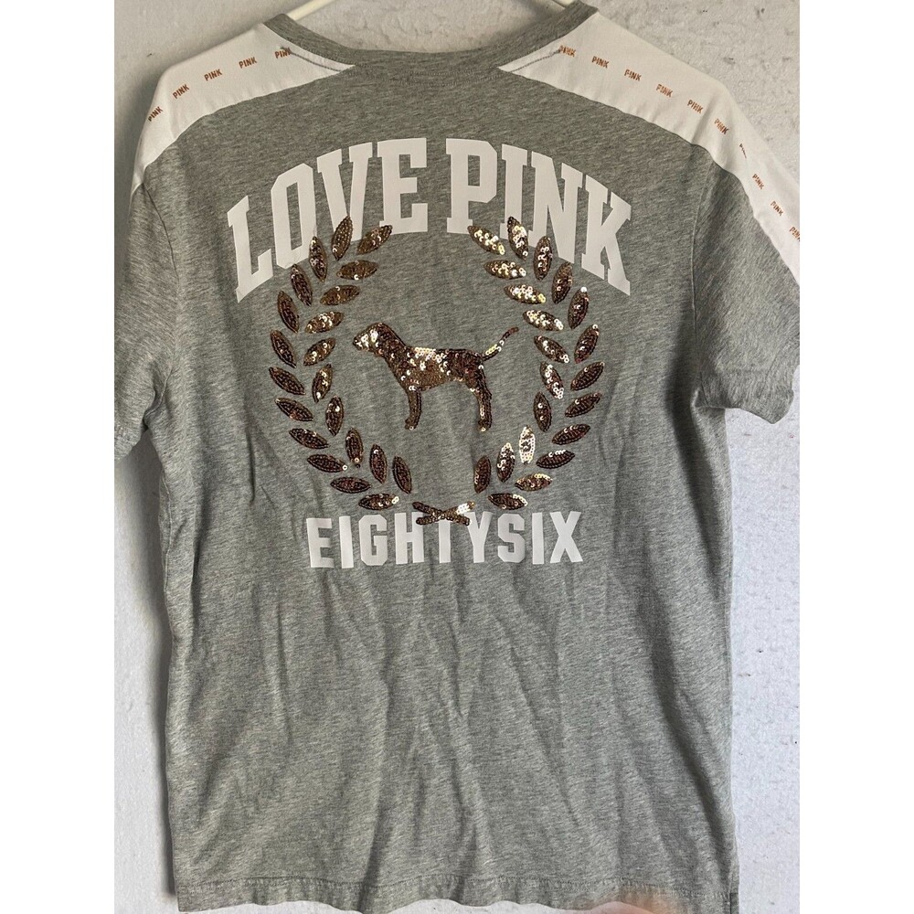 Victoria Secret PINK Tshirt S Short Sleeve Womens Top Tee Logo Sequin Bling gray